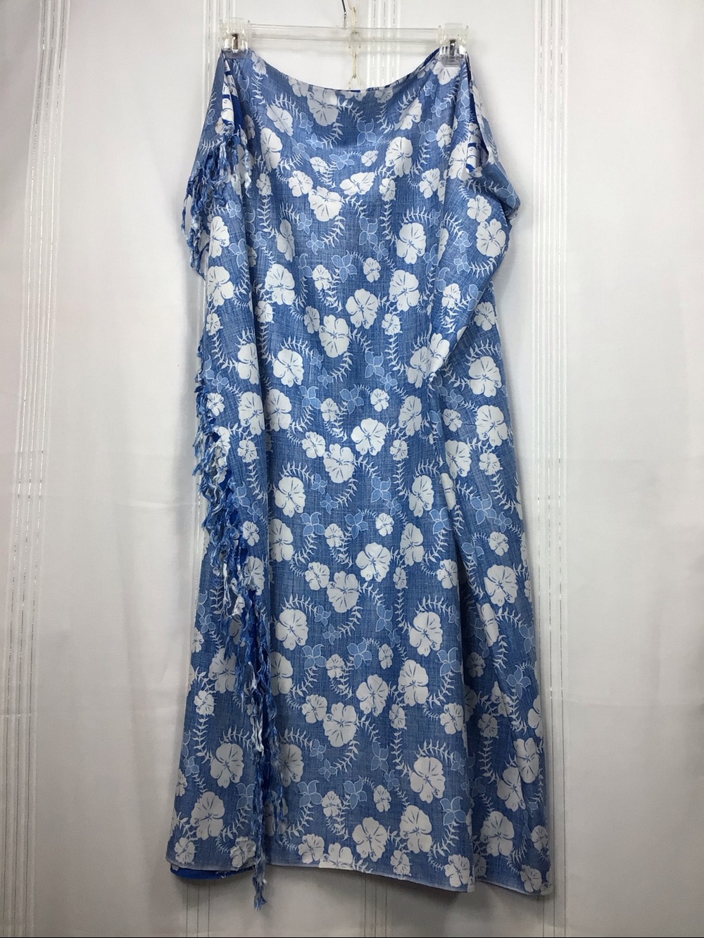 🌺 Blue Sky Sarong Blue and White Hawaiian Print Self Tie Wrap Skirt Sz.S - Picture 5 of 10